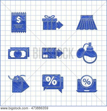 Set Carton Cardboard Box, Discount Percent Tag, Percent Discount And Laptop, Perfume, Blank Label Te