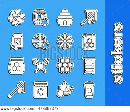 Set Line Cup Of Tea With Honey, Hive For Bees, Hanging Sign Honeycomb, Honeycomb Map The World, Jar,