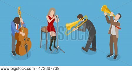 3d Isometric Flat Vector Conceptual Illustration Of Jazz Band, Festival Orchestra Performers