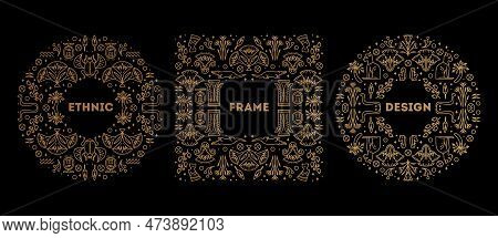 Vector Set Of Tribal Cover Templates, Decorative Egypt Borders, Geometric Ethnic Frames. Bright Oran