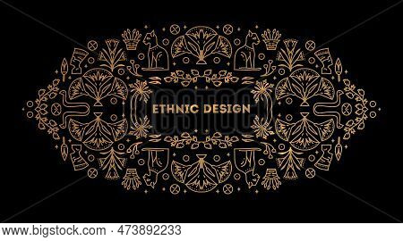 Decorative African Border, Vector Linear Egipt Cover Template. Bright Orange And Black Art Decoratio