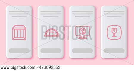 Set Line Carton Cardboard Box, Warehouse, Location With And Fragile Broken Glass. White Rectangle Bu