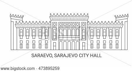 Bosnia And Herzegovina, Sarajevo, Sarajevo City Hall, Travel Landmark Vector Illustration