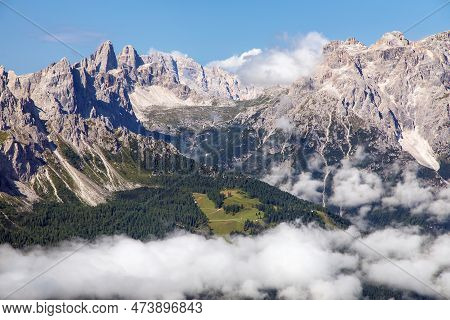 Panoramic View Of The Sexten Dolomites Mountains Or Dolomiti Di Sesto From Carnian Alps Mountains, T