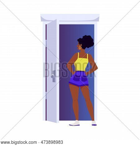 Smiling Young Woman Standing On Threshold Of Open Door Flat Style