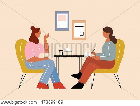 Two Women Communicate In The Office, Concept Illustration For Psychotherapy, Job Interview, Adolesce