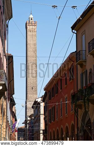 Bologna - Italy - June 2, 2022: Famous Italian Medieval Tower Of Asinelli. Torre Degli Asinelli.