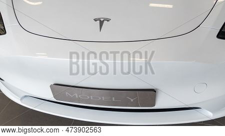 Bordeaux , Aquitaine  France - 03 31 2023 : Tesla Car Y Model 3 Inside Dealership Logo Sign And Bran
