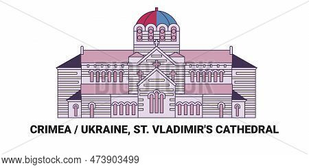 Russia, Crimea, St. Vladimirs Cathedral, Travel Landmark Vector Illustration
