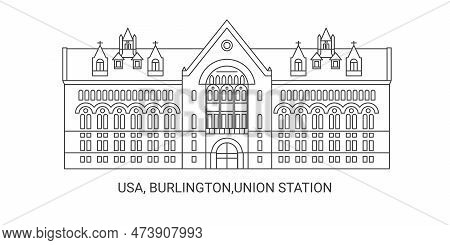 Usa, Burlington, Union Station, Travel Landmark Vector Illustration