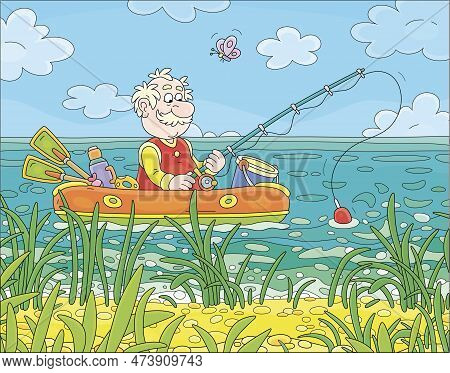 Funny Experienced Fisherman Sitting In An Inflatable Boat With A Fishing-rod And Catching Small Fish