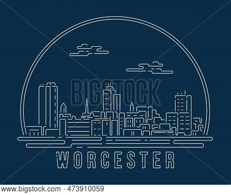 Worcester, Massachusetts - Cityscape With White Abstract Line Corner Curve Modern Style On Dark Blue