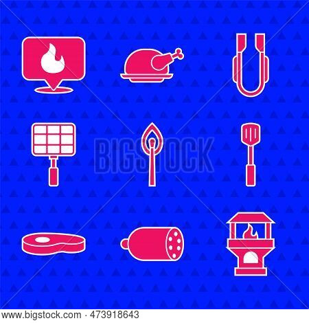 Set Burning Match With Fire, Salami Sausage, Brick Stove, Barbecue Spatula, Steak Meat, Steel Grid, 