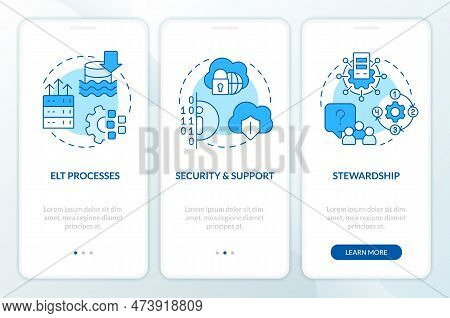 Data Lake Architecture Components Blue Onboarding Mobile App Screen. Walkthrough 3 Steps Editable Gr