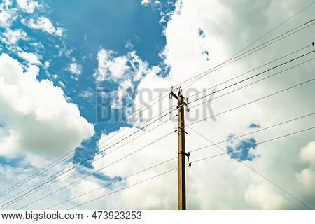 Power Electric Pole With Line Wire On Colored Background Close Up