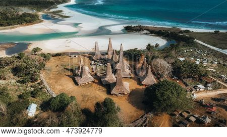 Aerial Drobne View Of Traditional House Of Ratenggaro In Sumba, East Nusa Tenggara, Indonesia. Verna