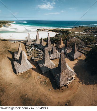 Aerial Drobne View Of Traditional House Of Ratenggaro In Sumba, East Nusa Tenggara, Indonesia. Verna