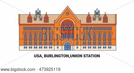 Usa, Burlington, Union Station, Travel Landmark Vector Illustration