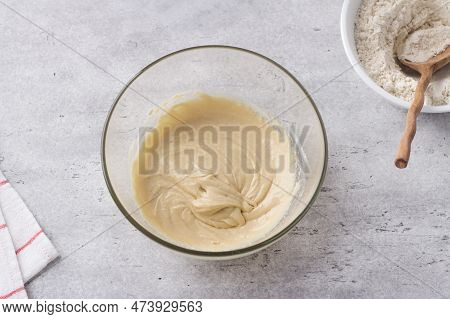 Glass Bowl With Dough On A Gray Background. Cooking Greek Easter Orange Sesame Koulourakia Cookies S