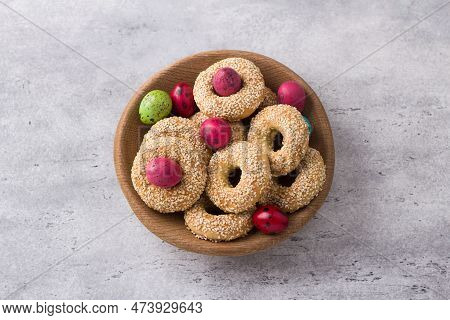 White Plate With Traditional Greek Easter Cookies Koulourakya Or Koulourya Shortbread Rings With Ses