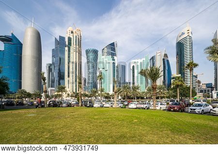 Doha, Qatar - 30 January, 2020: Panoramic View With Modern Skyscrapers In The Centre Of Doha, The Ca