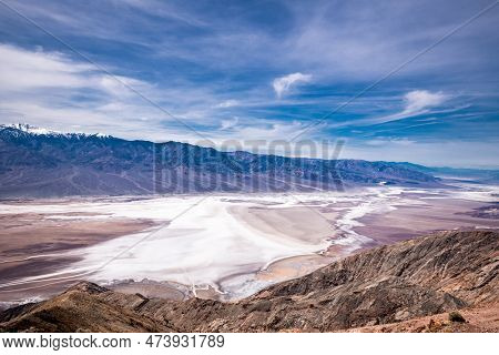 Dante's View In Death Valley. Mountain And Salty Area In Background. Dante's View Provides A Panoram