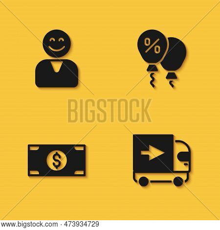 Set Happy Customer, Delivery Cargo Truck, Stacks Paper Money Cash And Discount Percent Tag Icon With