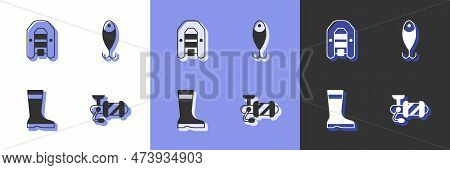 Set Spinning Reel For Fishing, Inflatable Boat With Motor, Fishing Boots And Lure Icon. Vector