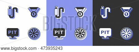 Set Alloy Wheel For Car, Car Muffler, Pit Stop And Medal Icon. Vector