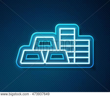 Glowing Neon Line Gold Coin With Gold Bars Icon Isolated On Blue Background. Banking Currency Sign. 