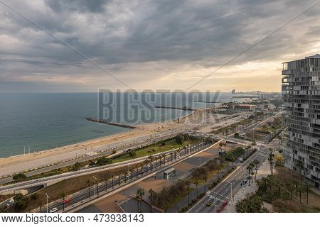 Aerial View Of The Beautiful Landscape Of Barcelona At Area Diagonal Mar. Llevant And Nova Mar Bella