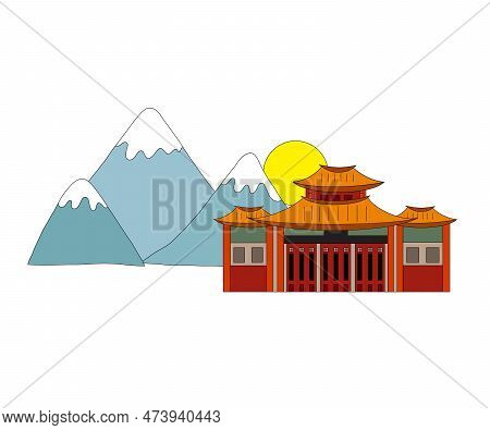 Horizontal Illustration. Traditional Chinese Building, Asian Pagoda, Landscape With Mountains On A W