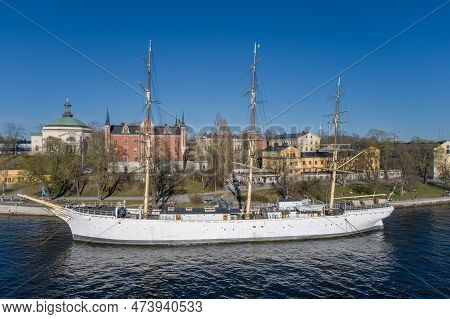 Stockholm, Sweden - August 20, 2022: Af Chapman And Admiralty House. Full-rigged Steel Ship Moored O