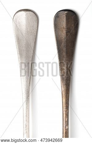 Polished And Tarnished Sterling Silver Cutlery Handles, Old And Often Used. Hydrogen Sulfide And Oxy
