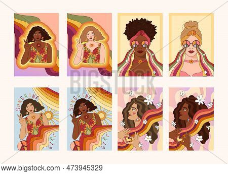 Groovy Hippie Girls Portrait With Rainbow Glasses, 70s Retro Women Face Different Skin Color Options