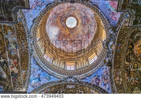 Palermo, Italy - October 17, 2022: The Frescoes And Ecorations Of The Dome  Of The St. Giuseppe Dei 