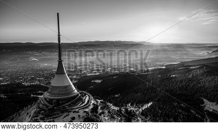 A Bird\'s Eye View Of Snow-covered Jested At Sunrise. Photographed On The Jested Ridge By Drone. Bea