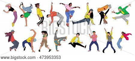 Set Of Teenager Dancers Hip Hop Vector Isolated.