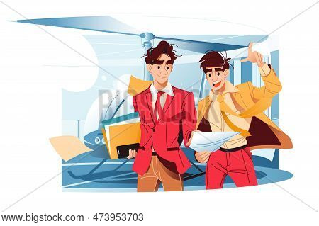 Vector Illustration Of Helicopter For Time-saving Business. Processes And Meetings. Modern Business 