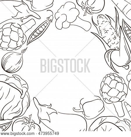 Vegetables Frame Design. Circle Frame. Frame With Organic Food Line Art Iilustration. Vegetables On 