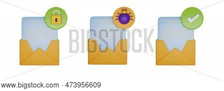 3d Secure Email Icon Set, Render Phishing Detected Concept, Envelope Online Digital Communication. S