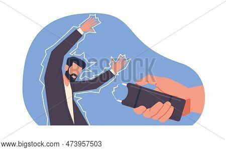 Hand Holding Stun Gun, Hit A Person Stun Device, Weapon For Self Defense. Protection From Criminal. 