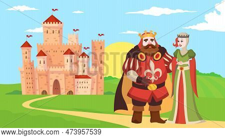 Medieval Castle With King And Queen. Fairy Tale Palaces With Towers And Flags. Cute Magic Medieval B
