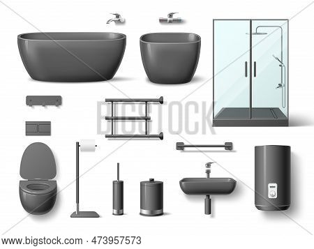 Realistic Black Bathroom Elements. Dark Ceramic And Acrylic Sink, Toilet, Bidet And Shower Cabin And