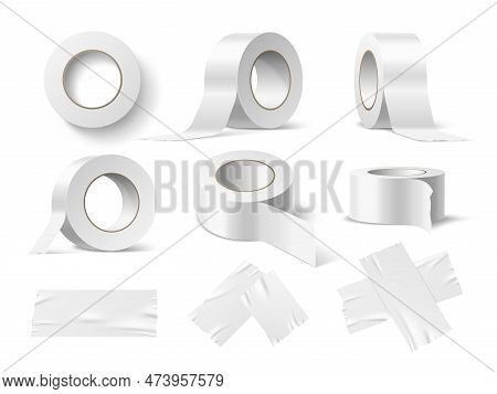 Realistic Scotch Tape. Sticky Rolls In Different Angles, Office Stationery, Painting Adhesive Suppli