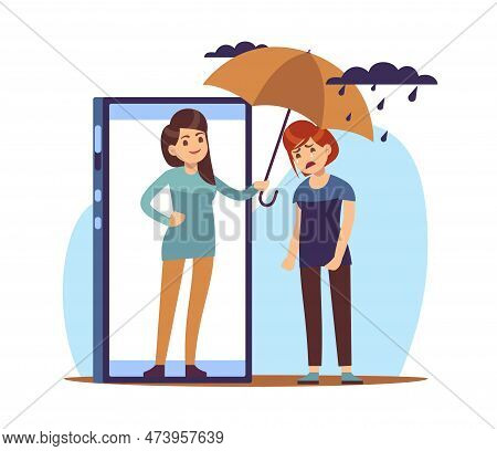 Woman Holds Umbrella Over Her Distraught Friend From Her Cell Phone Screen. Help And Support Online 