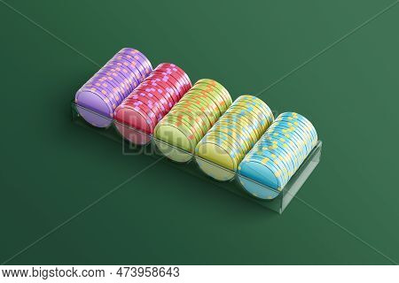 Blank Colored Plastic Chip Stack In Tray Mockup, Green Backgound, 3d Rendering. Empty Purple, Pink, 