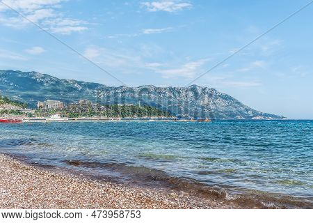 The View From Slovenska Plaza Beach To The Sea Panorama In Budva, Montenegro. The Adriatic Sea Coast