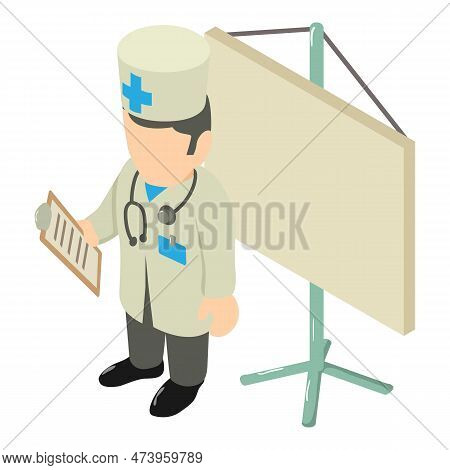 Medical Conference Icon Isometric Vector. Speech Man Doctor Near Magnetic Board. Medicine And Health
