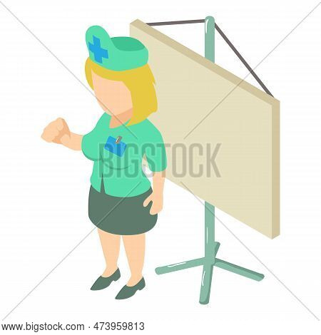 Science Conference Icon Isometric Vector. Healthcare Worker Near Magnetic Board. Medicine And Health